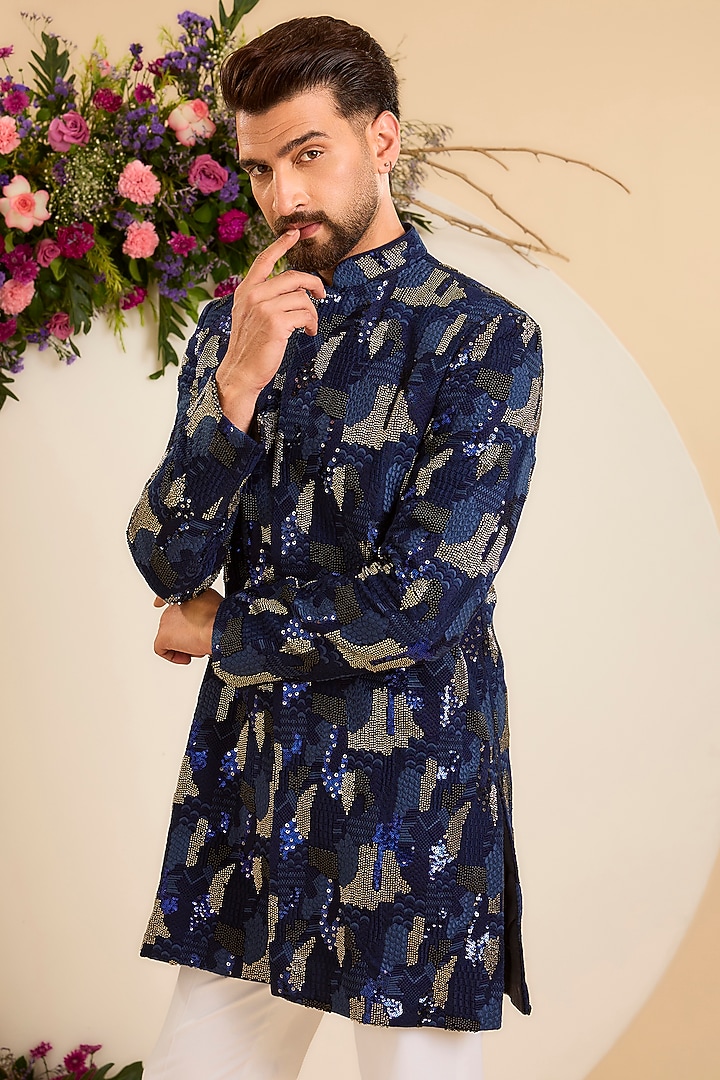 Deep Blue Silk Hand Embroidered Short Wedding Sherwani by Kasbah Clothing at Pernia's Pop Up Shop