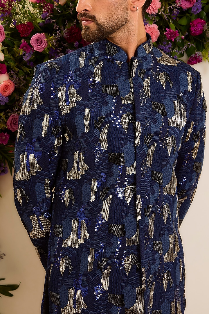 Deep Blue Silk Hand Embroidered Short Wedding Sherwani by Kasbah Clothing at Pernia's Pop Up Shop