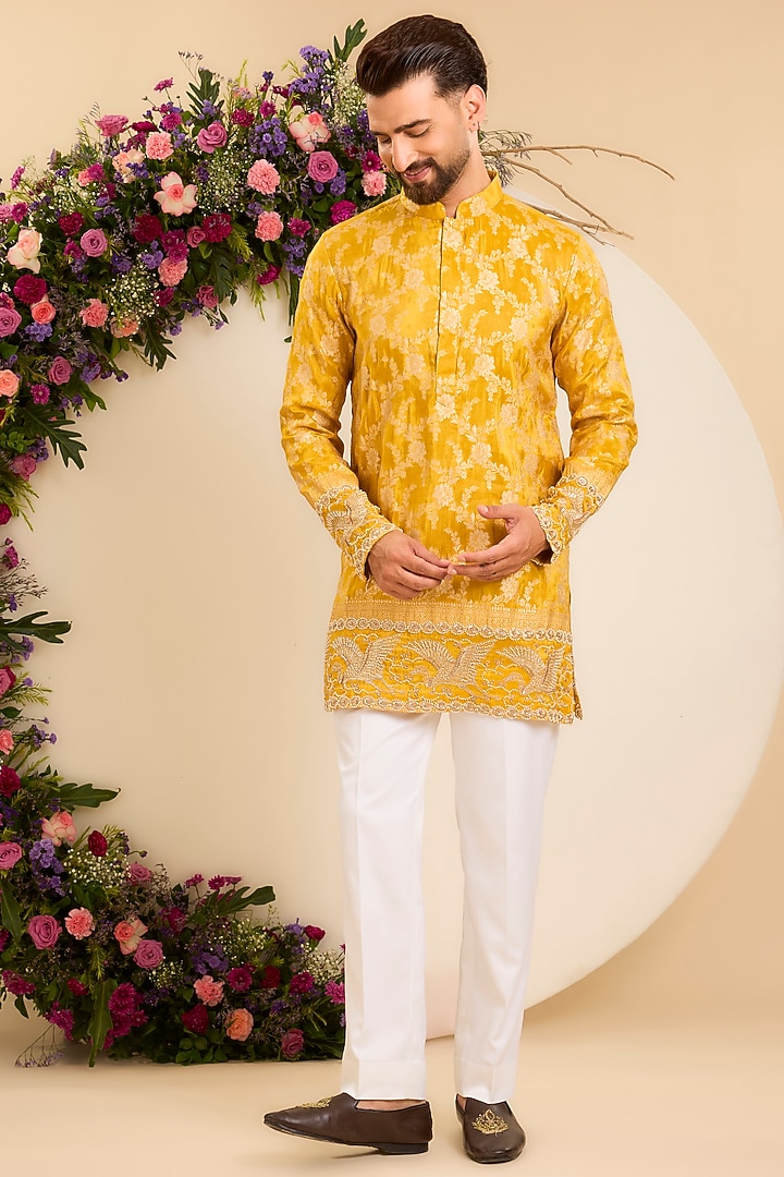 Mustard Yellow Brocade Tissue Short Kurta by Kasbah Clothing at Pernia's Pop Up Shop