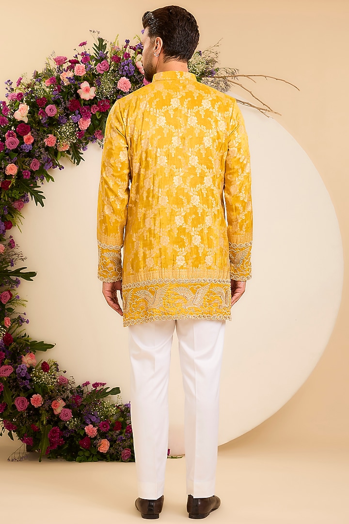 Mustard Yellow Brocade Tissue Short Kurta by Kasbah Clothing at Pernia's Pop Up Shop
