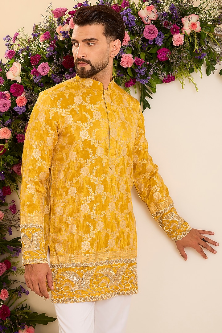 Mustard Yellow Brocade Tissue Short Kurta by Kasbah Clothing at Pernia's Pop Up Shop
