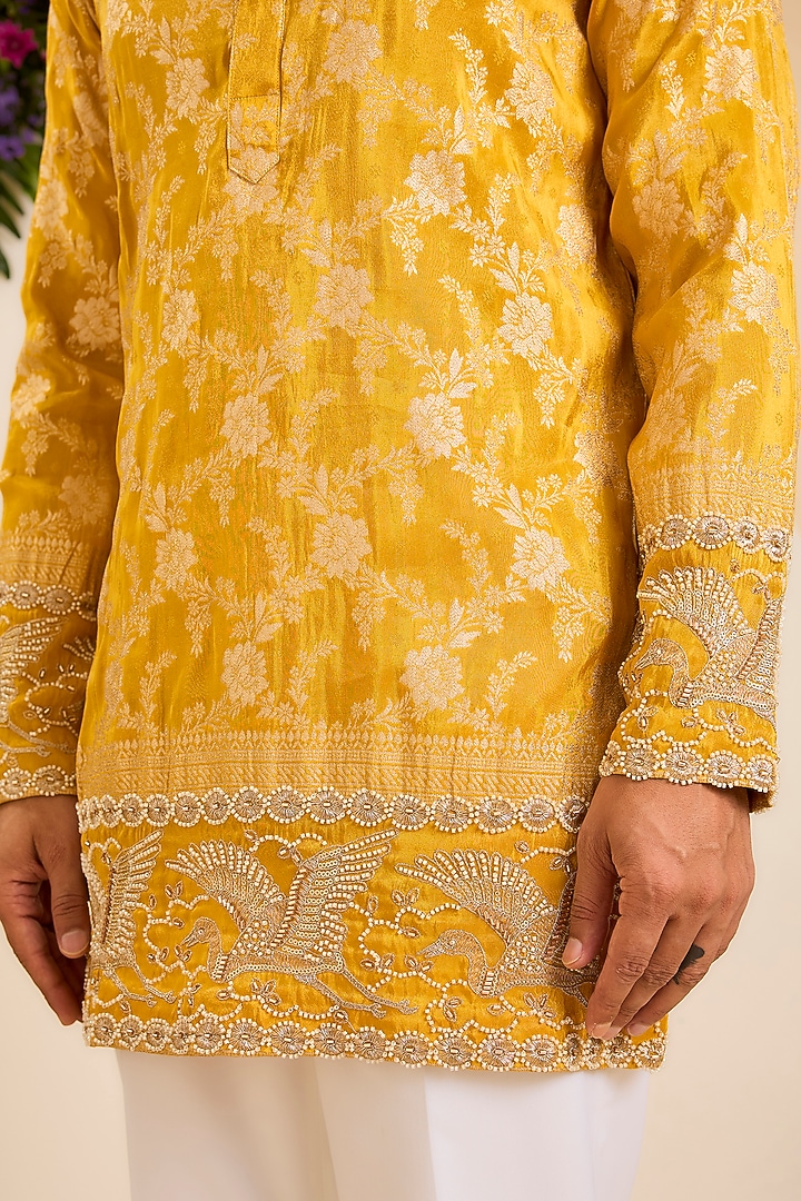 Mustard Yellow Brocade Tissue Short Kurta by Kasbah Clothing at Pernia's Pop Up Shop