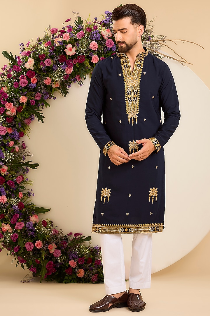 Blue Japanese Fabric Threadwork Kurta by Kasbah Clothing at Pernia's Pop Up Shop