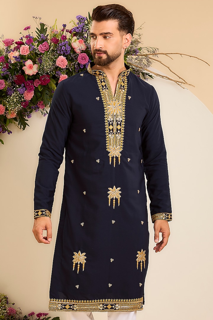 Blue Japanese Fabric Threadwork Kurta by Kasbah Clothing at Pernia's Pop Up Shop