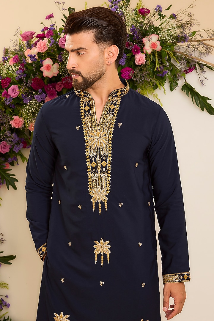 Blue Japanese Fabric Threadwork Kurta by Kasbah Clothing at Pernia's Pop Up Shop