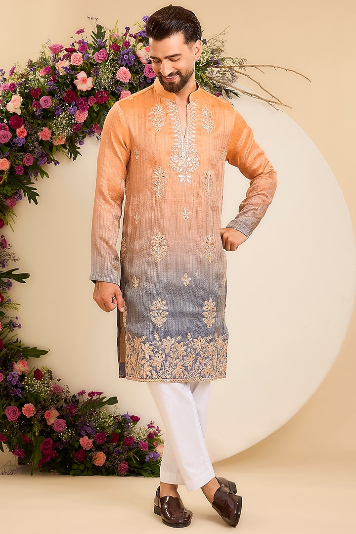Sunset Orange Ombre Tissue Floral Jaal Leatherwork Kurta by Kasbah Clothing at Pernia's Pop Up Shop