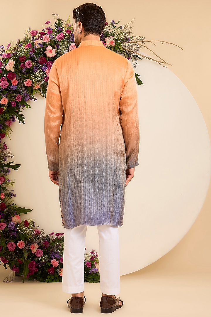 Sunset Orange Tissue Floral Jaal Leatherwork Ombre Kurta by Kasbah Clothing at Pernia's Pop Up Shop