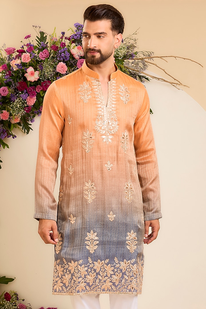 Sunset Orange Tissue Floral Jaal Leatherwork Ombre Kurta by Kasbah Clothing at Pernia's Pop Up Shop