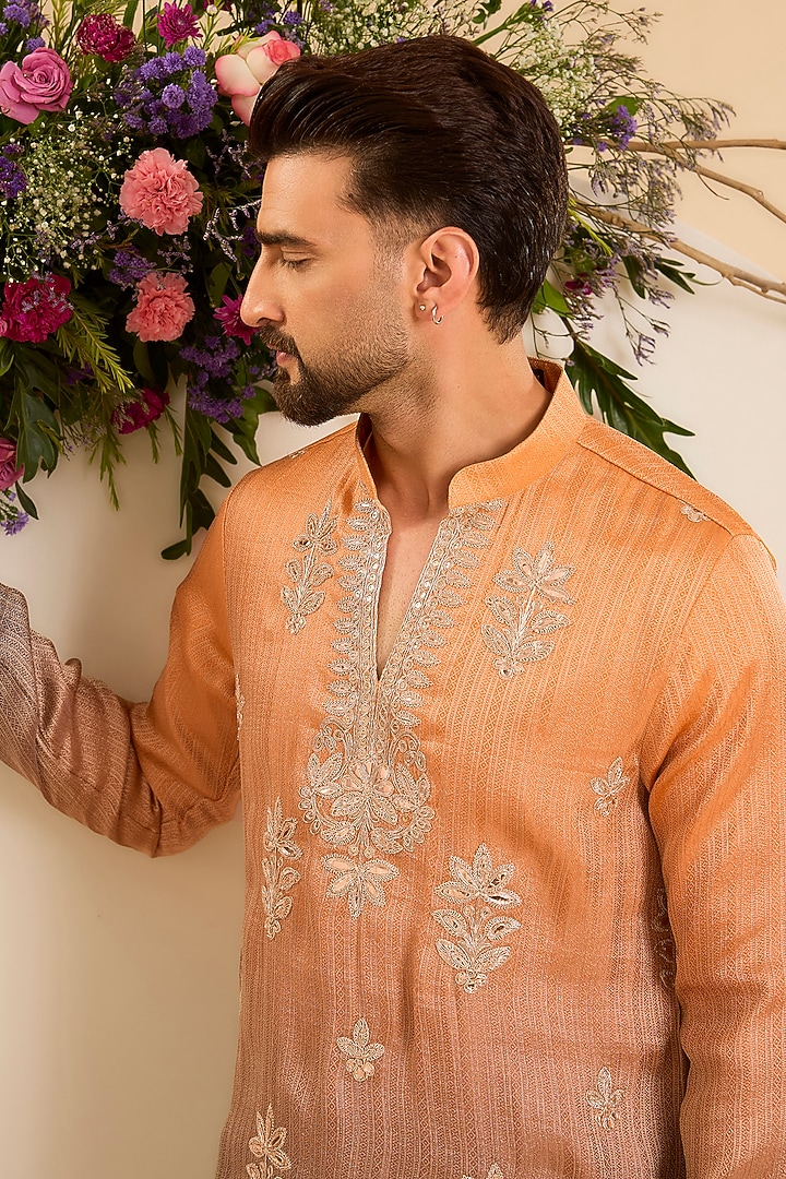 Sunset Orange Tissue Floral Jaal Leatherwork Ombre Kurta by Kasbah Clothing at Pernia's Pop Up Shop