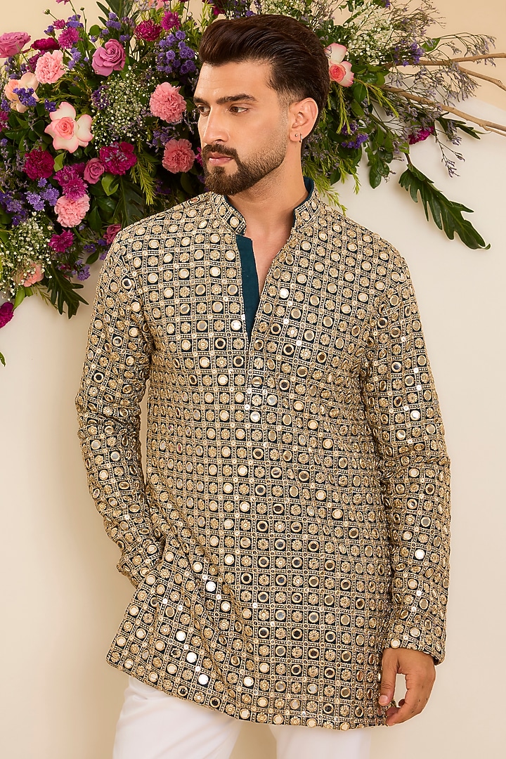 Teal Green Georgette Mirror Embellished Short Kurta by Kasbah Clothing at Pernia's Pop Up Shop