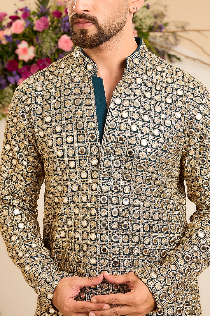 Teal Green Georgette Mirror Embellished Short Kurta by Kasbah Clothing at Pernia's Pop Up Shop