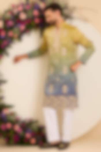 Green Tissue Floral Jaal Leatherwork Ombre Kurta by Kasbah Clothing at Pernia's Pop Up Shop