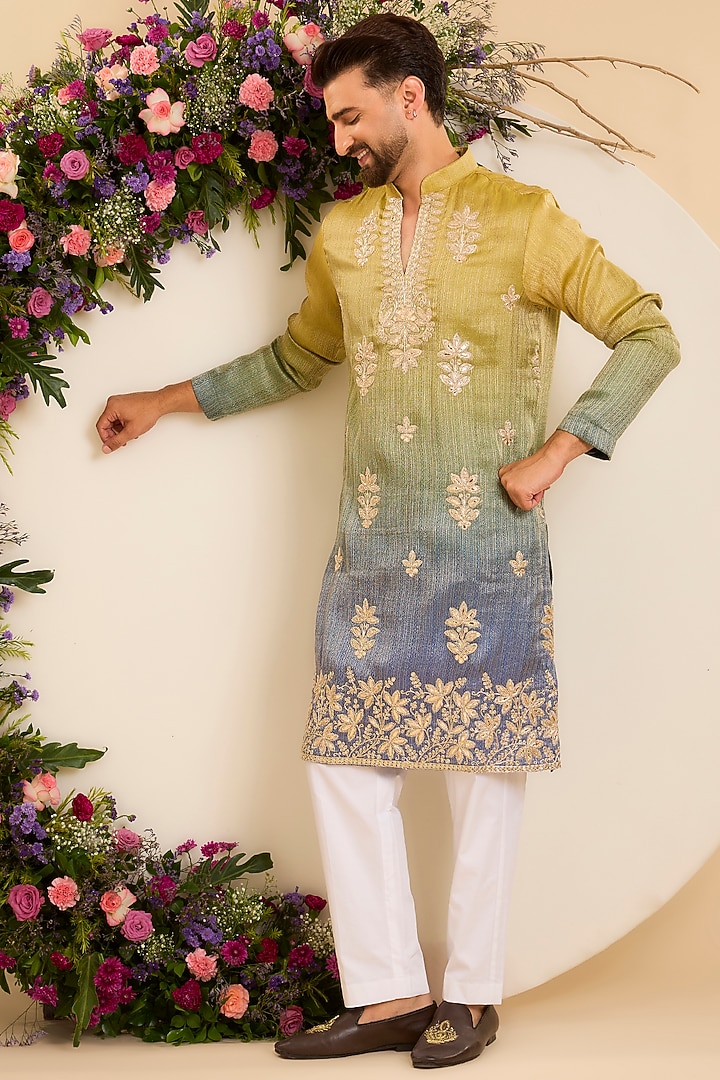 Green Tissue Floral Jaal Leatherwork Ombre Kurta by Kasbah Clothing at Pernia's Pop Up Shop