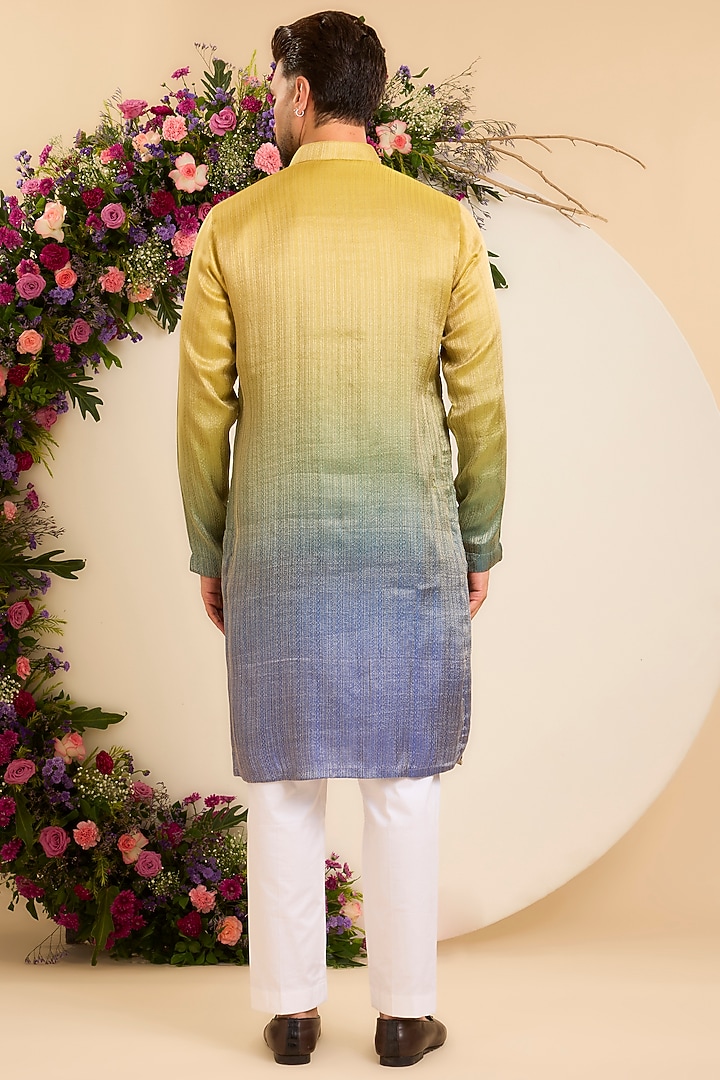 Green Tissue Floral Jaal Leatherwork Ombre Kurta by Kasbah Clothing at Pernia's Pop Up Shop