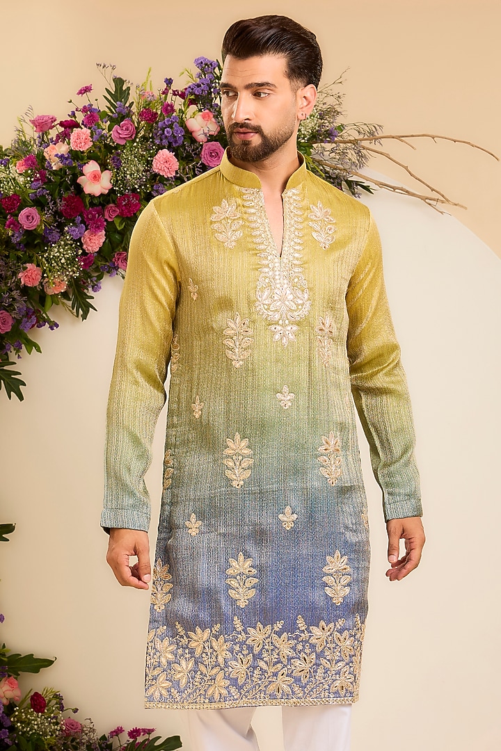 Green Tissue Floral Jaal Leatherwork Ombre Kurta by Kasbah Clothing at Pernia's Pop Up Shop