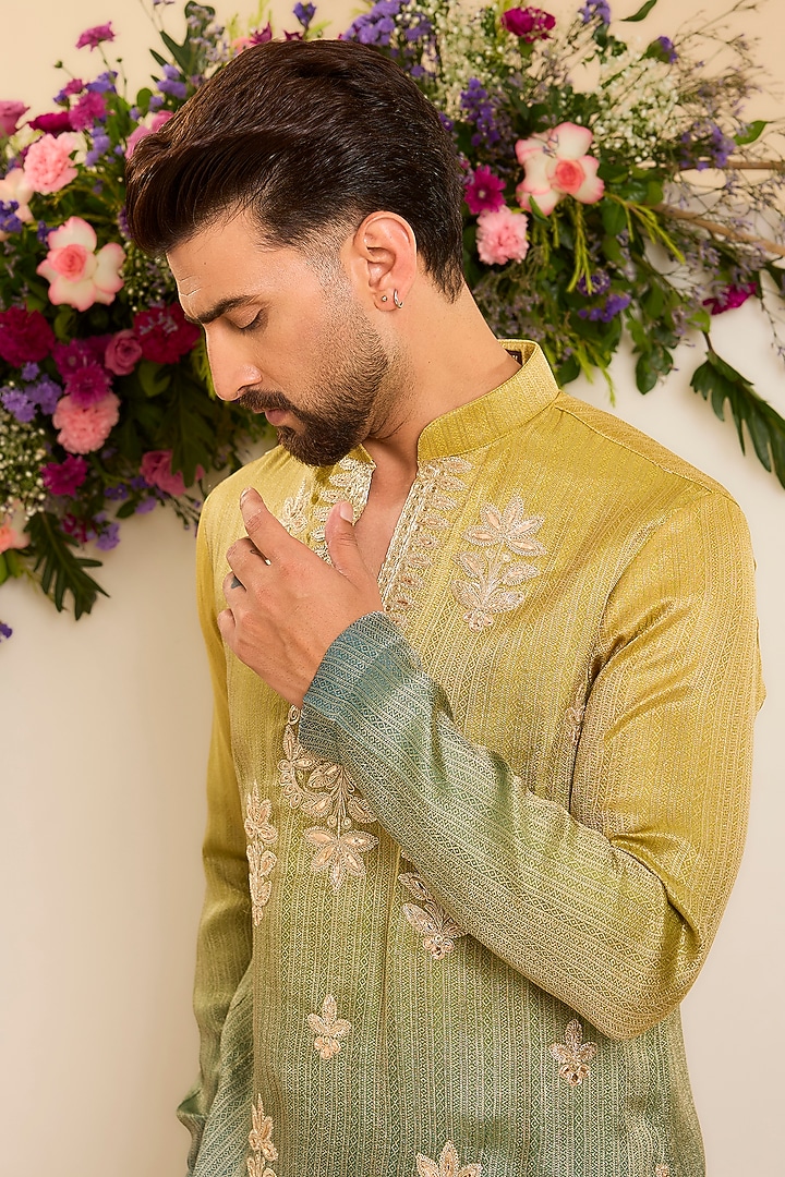 Green Tissue Floral Jaal Leatherwork Ombre Kurta by Kasbah Clothing at Pernia's Pop Up Shop