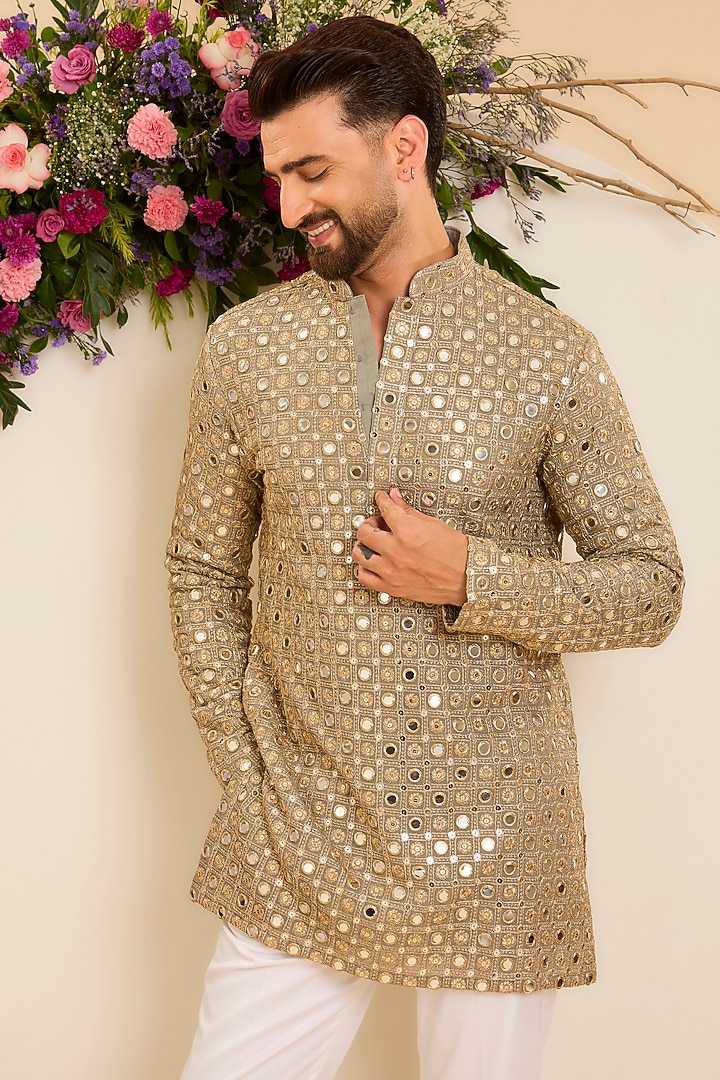 Grey Georgette Mirror Embellished Short Kurta by Kasbah Clothing at Pernia's Pop Up Shop