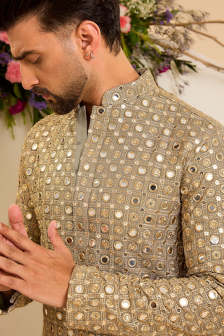 Grey Georgette Mirror Embellished Short Kurta by Kasbah Clothing at Pernia's Pop Up Shop
