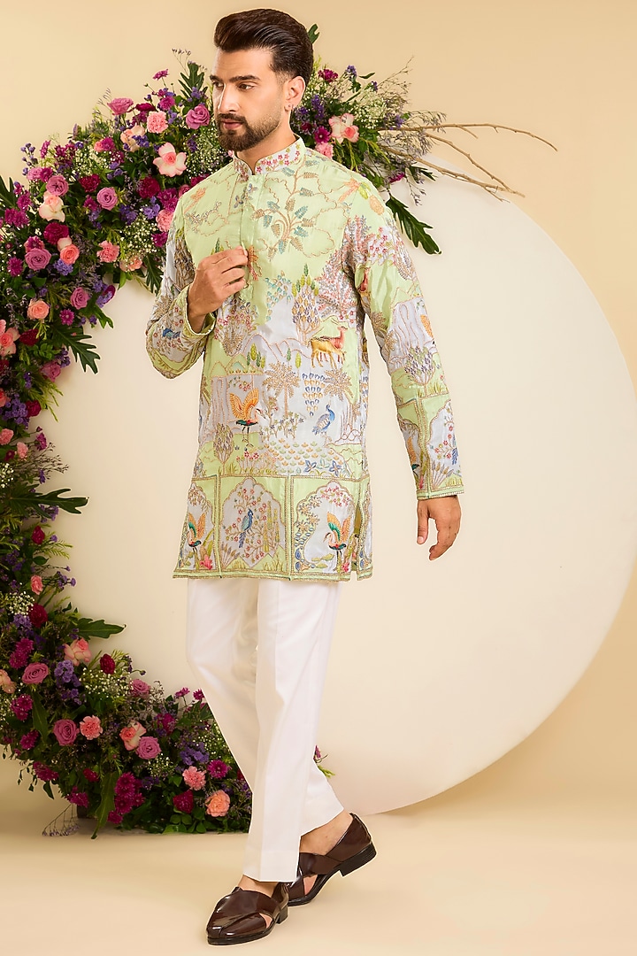 Vibrant Green Crepe Printed & Zari Embroidered Short Kurta by Kasbah Clothing at Pernia's Pop Up Shop