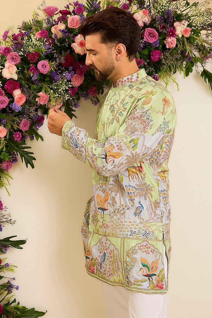 Vibrant Green Crepe Printed & Zari Embroidered Short Kurta by Kasbah Clothing at Pernia's Pop Up Shop