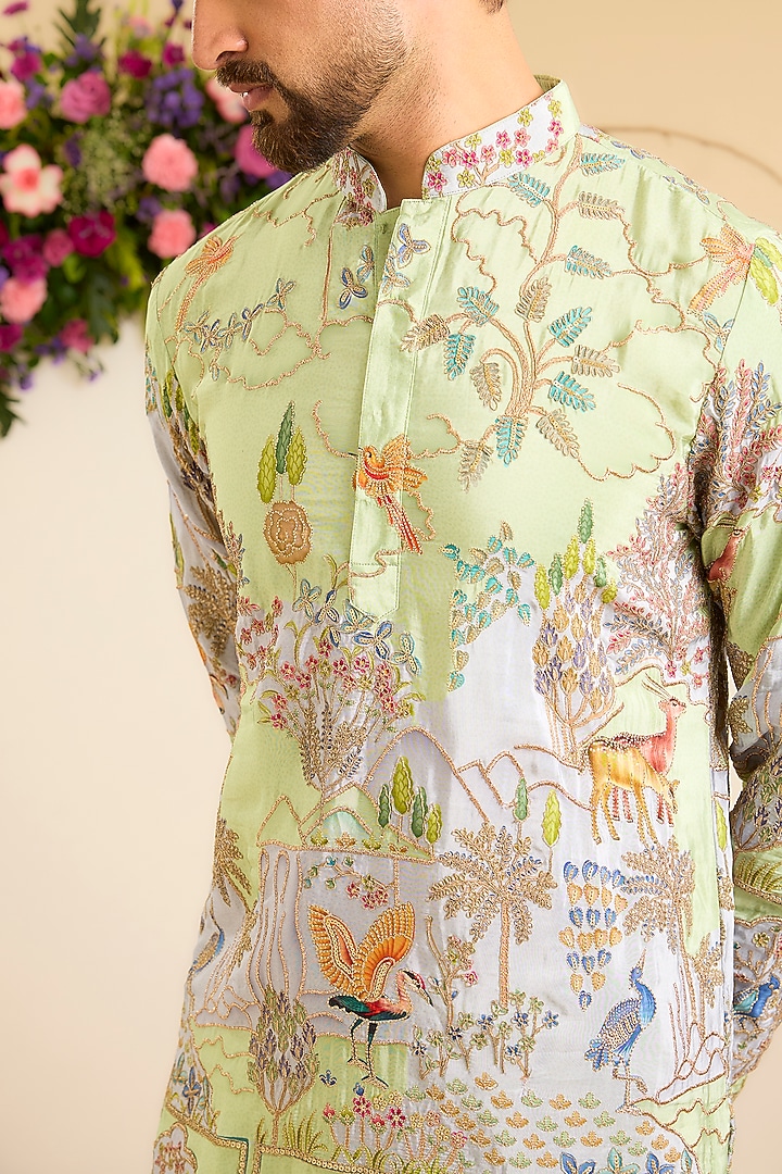 Vibrant Green Crepe Printed & Zari Embroidered Short Kurta by Kasbah Clothing at Pernia's Pop Up Shop