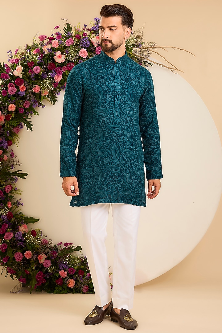 Teal Georgette Thread Embroidered Chikankari Short Kurta by Kasbah Clothing at Pernia's Pop Up Shop