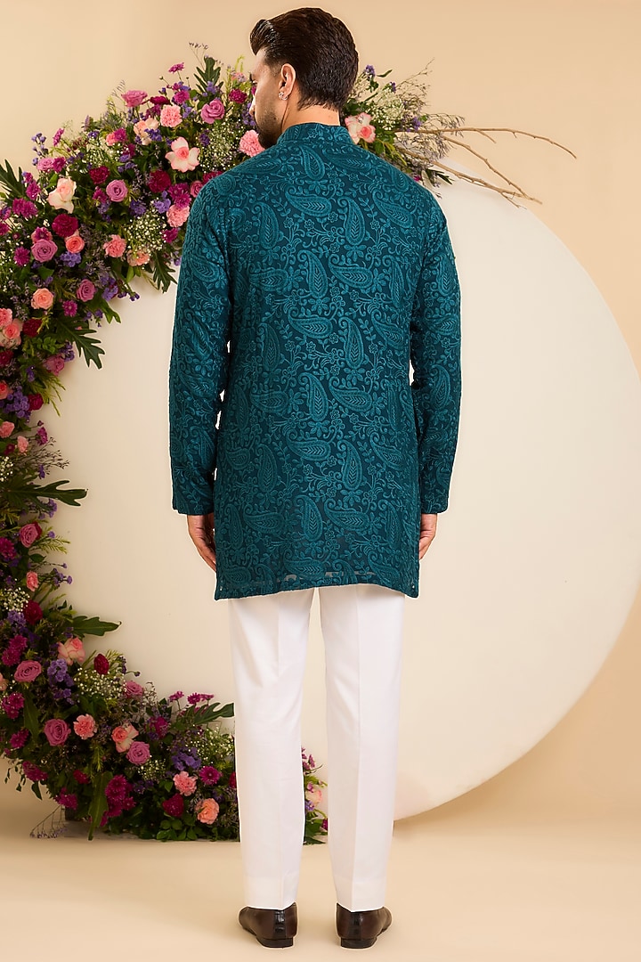 Teal Georgette Thread Embroidered Chikankari Short Kurta by Kasbah Clothing at Pernia's Pop Up Shop
