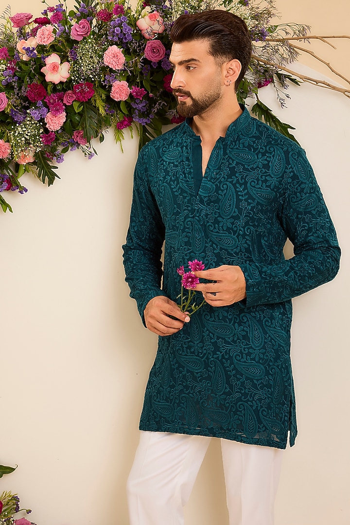 Teal Georgette Thread Embroidered Chikankari Short Kurta by Kasbah Clothing at Pernia's Pop Up Shop