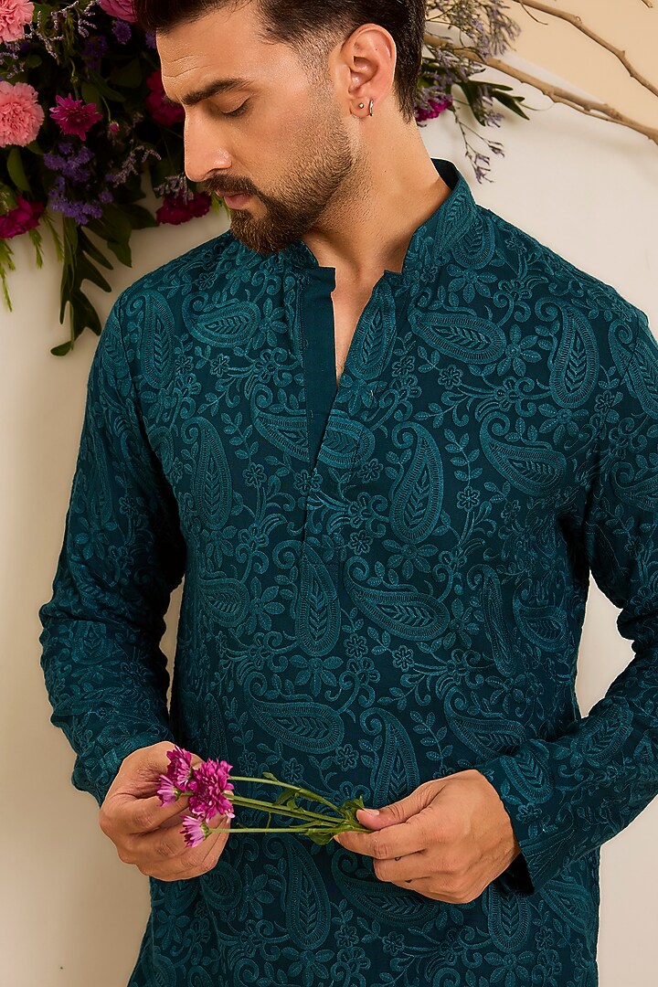 Teal Georgette Thread Embroidered Chikankari Short Kurta by Kasbah Clothing at Pernia's Pop Up Shop