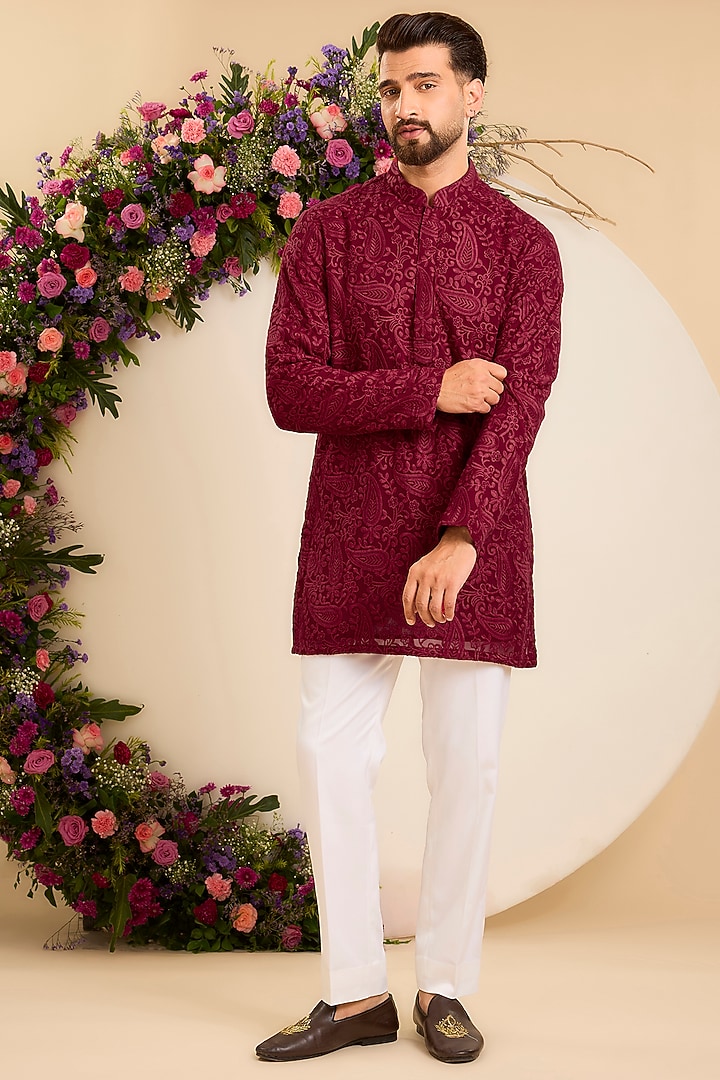 Maroon Georgette Embroidered Chikankari Short Kurta by Kasbah Clothing at Pernia's Pop Up Shop