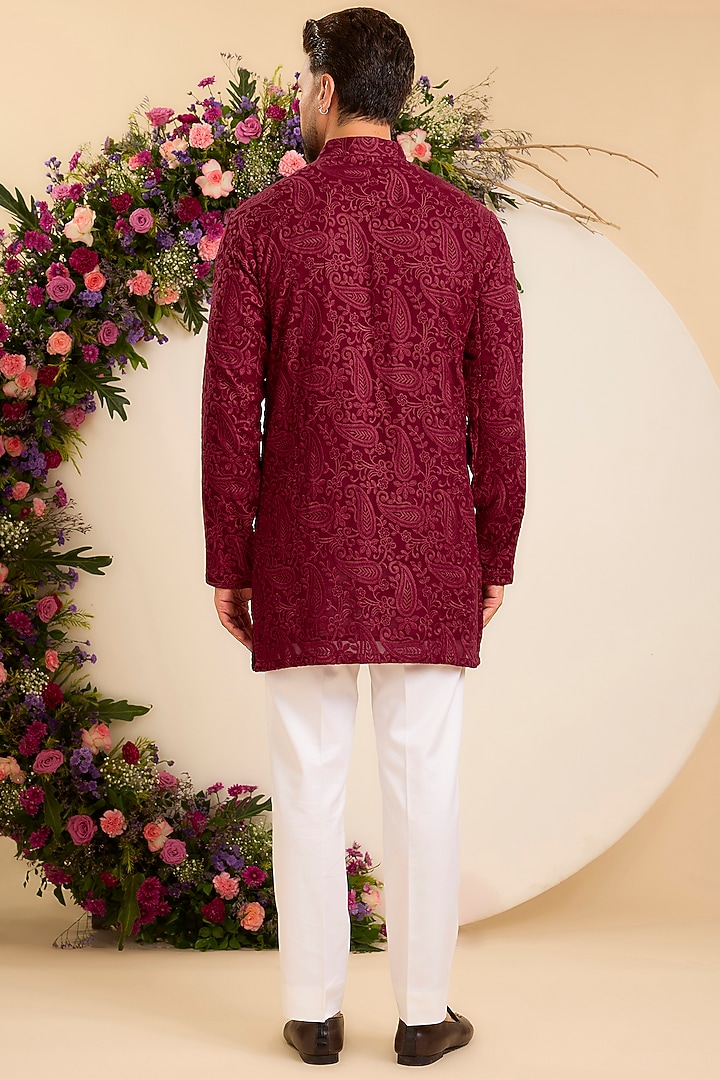 Maroon Georgette Embroidered Chikankari Short Kurta by Kasbah Clothing at Pernia's Pop Up Shop