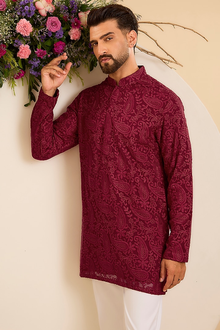 Maroon Georgette Embroidered Chikankari Short Kurta by Kasbah Clothing at Pernia's Pop Up Shop