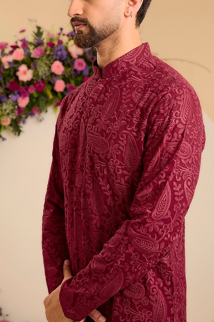 Maroon Georgette Embroidered Chikankari Short Kurta by Kasbah Clothing at Pernia's Pop Up Shop