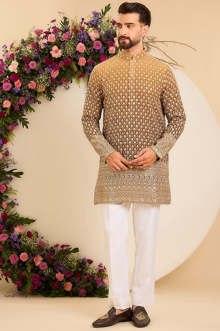 Brown Ombre Georgette Floral Jaal Work Kurta by Kasbah Clothing at Pernia's Pop Up Shop