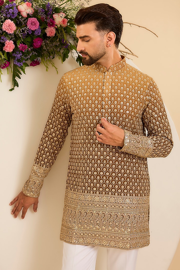 Brown Ombre Georgette Floral Jaal Work Kurta by Kasbah Clothing at Pernia's Pop Up Shop