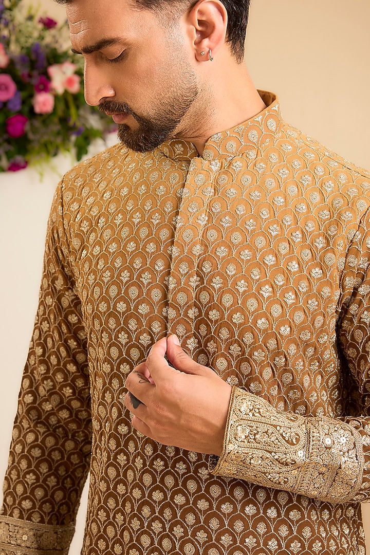 Brown Ombre Georgette Floral Jaal Work Kurta by Kasbah Clothing at Pernia's Pop Up Shop