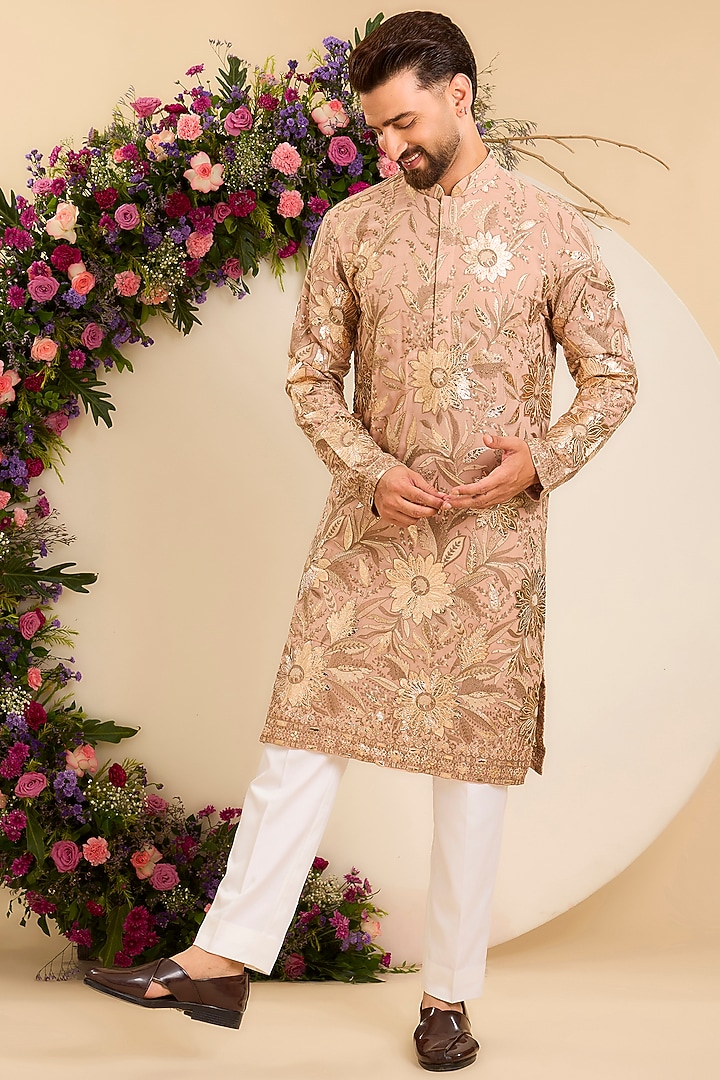 Pink Peach Georgette Patchwork Kurta by Kasbah Clothing at Pernia's Pop Up Shop