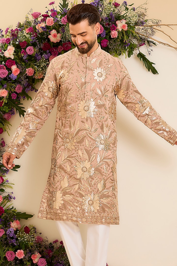 Pink Peach Georgette Patchwork Kurta by Kasbah Clothing at Pernia's Pop Up Shop