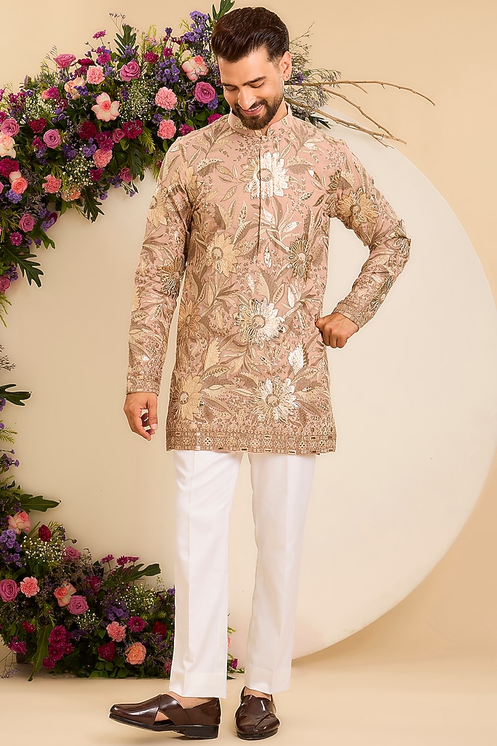 Pink Peach Georgette Floral Leather Patchwork Short Kurta by Kasbah Clothing at Pernia's Pop Up Shop