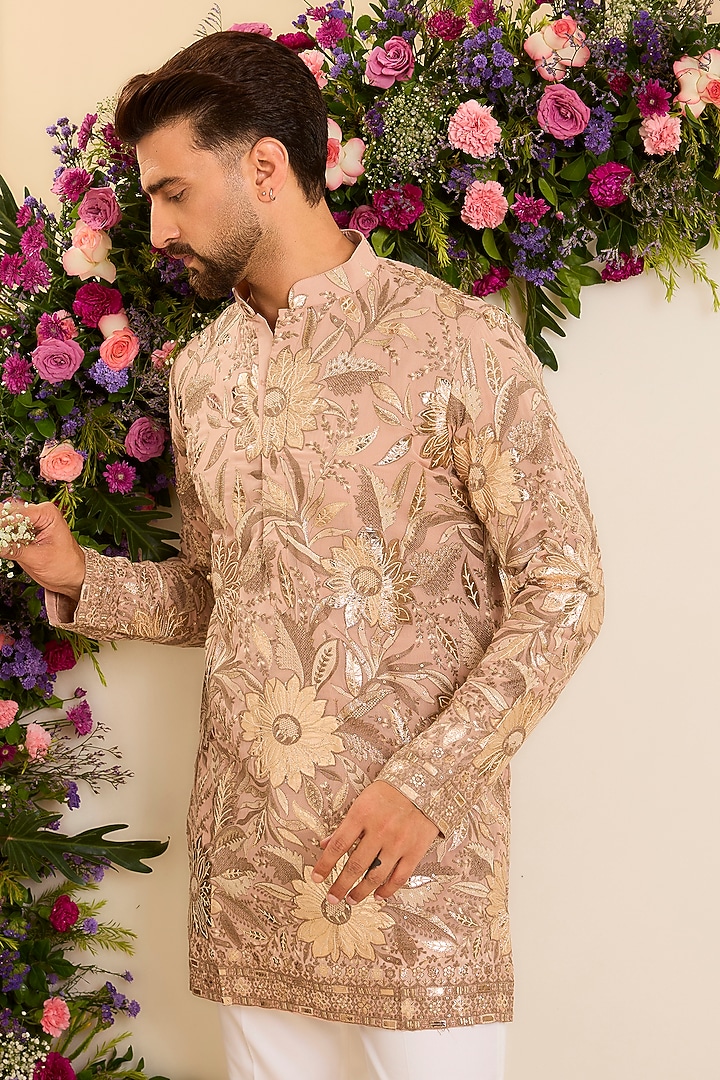 Pink Peach Georgette Floral Leather Patchwork Short Kurta by Kasbah Clothing at Pernia's Pop Up Shop