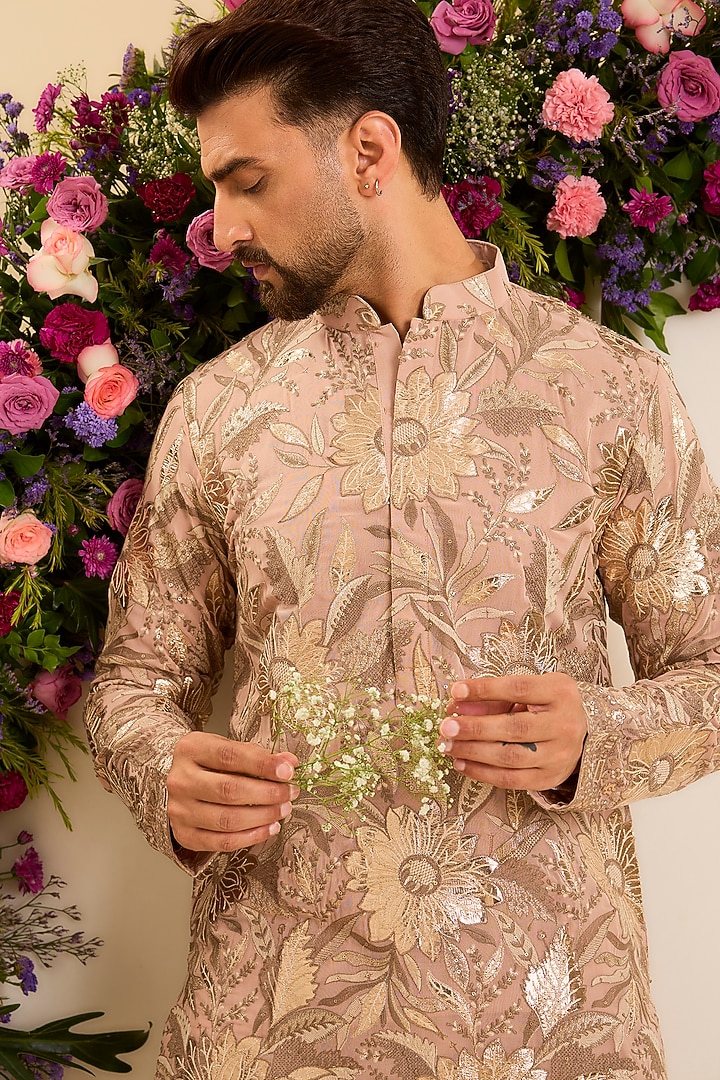 Pink Peach Georgette Floral Leather Patchwork Short Kurta by Kasbah Clothing at Pernia's Pop Up Shop