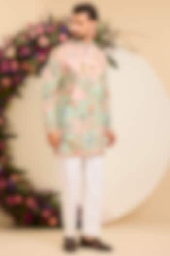 Green-Bluish Grey Crepe Printed & Embroidered Short Kurta by Kasbah Clothing at Pernia's Pop Up Shop