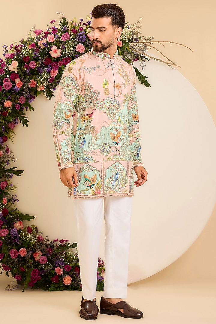Green-Bluish Grey Crepe Printed & Embroidered Short Kurta by Kasbah Clothing at Pernia's Pop Up Shop