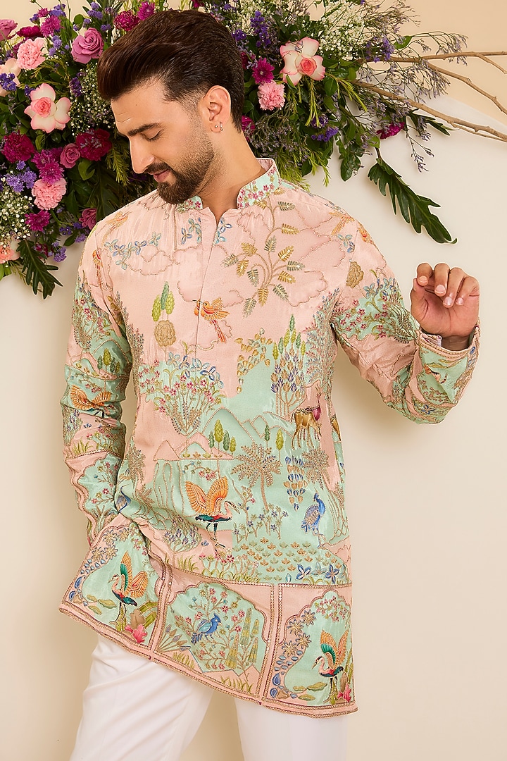 Green-Bluish Grey Crepe Printed & Embroidered Short Kurta by Kasbah Clothing at Pernia's Pop Up Shop