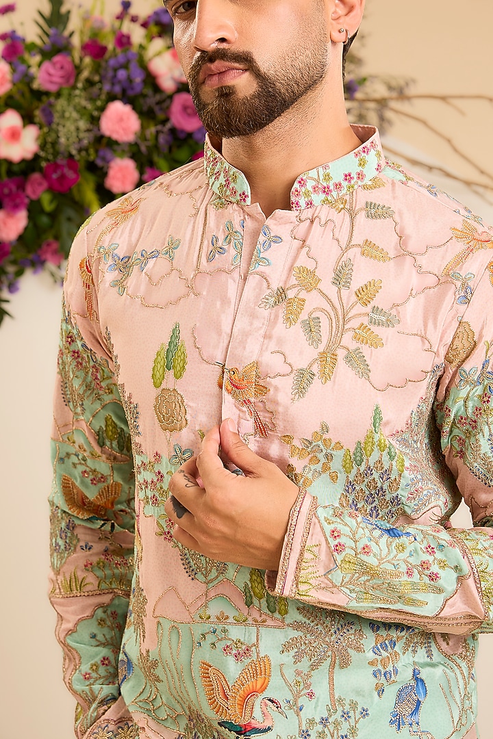 Green-Bluish Grey Crepe Printed & Embroidered Short Kurta by Kasbah Clothing at Pernia's Pop Up Shop