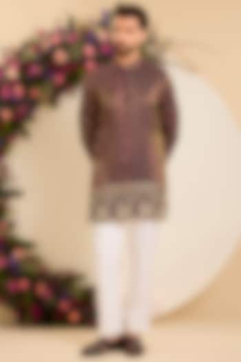Wine Brocade Tissue Hand Embroidered Short Kurta by Kasbah Clothing at Pernia's Pop Up Shop