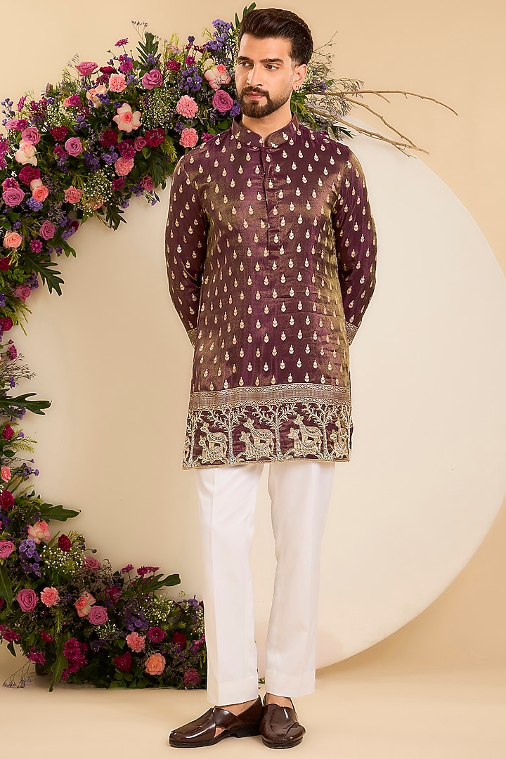 Wine Brocade Tissue Hand Embroidered Short Kurta by Kasbah Clothing at Pernia's Pop Up Shop