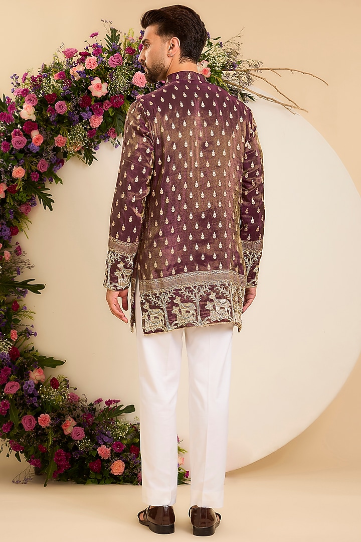 Wine Brocade Tissue Hand Embroidered Short Kurta by Kasbah Clothing at Pernia's Pop Up Shop