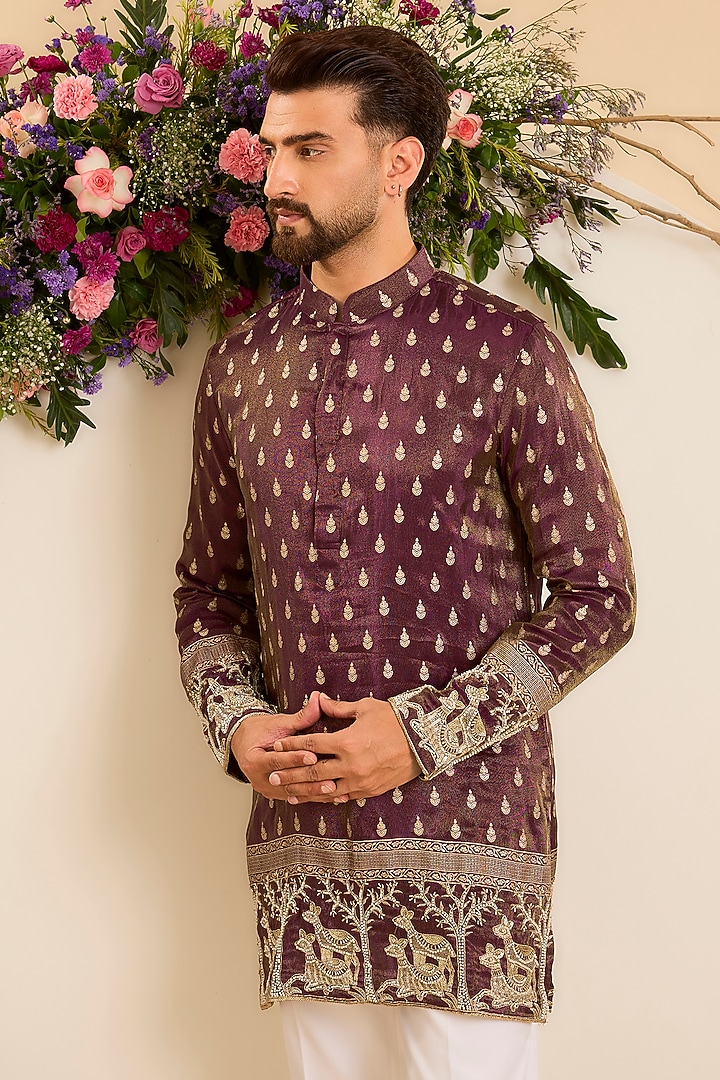 Wine Brocade Tissue Hand Embroidered Short Kurta by Kasbah Clothing at Pernia's Pop Up Shop