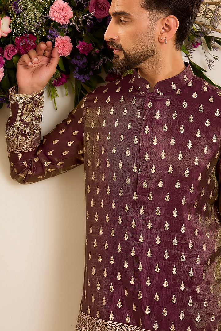 Wine Brocade Tissue Hand Embroidered Short Kurta by Kasbah Clothing at Pernia's Pop Up Shop